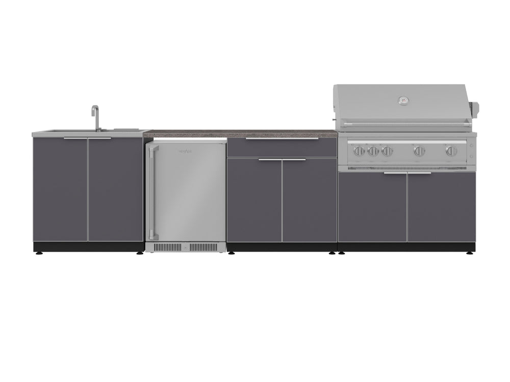 NewAge Outdoor Kitchens Aluminum 6-Piece Cabinet Set with Sink, Bar, Grill Cabinet, Platinum Grill, Countertop and Fridge-72050-Garage Giant
