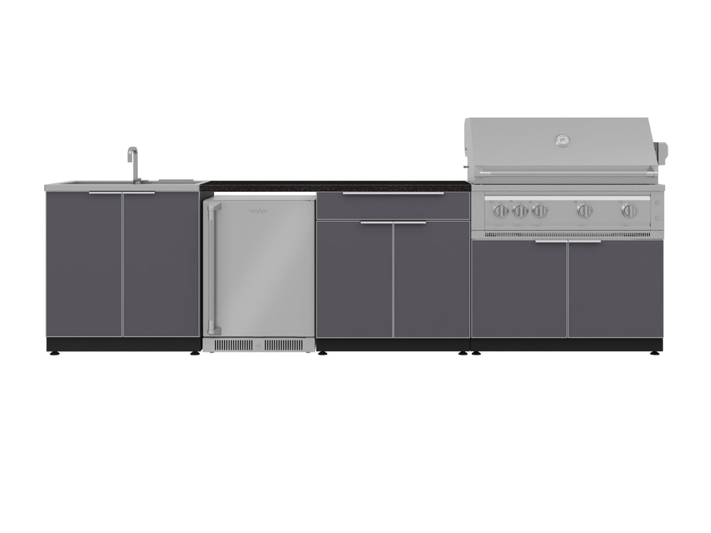 NewAge Outdoor Kitchens Aluminum 6-Piece Cabinet Set with Sink, Bar, Grill Cabinet, Platinum Grill, Countertop and Fridge-71981-Garage Giant