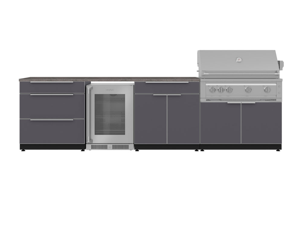 NewAge Outdoor Kitchens Aluminum 7-Piece Cabinet Set with 3-Drawer, Bar, Grill Cabinet, Platinum Grill, Countertops and Fridge-71918-Garage Giant