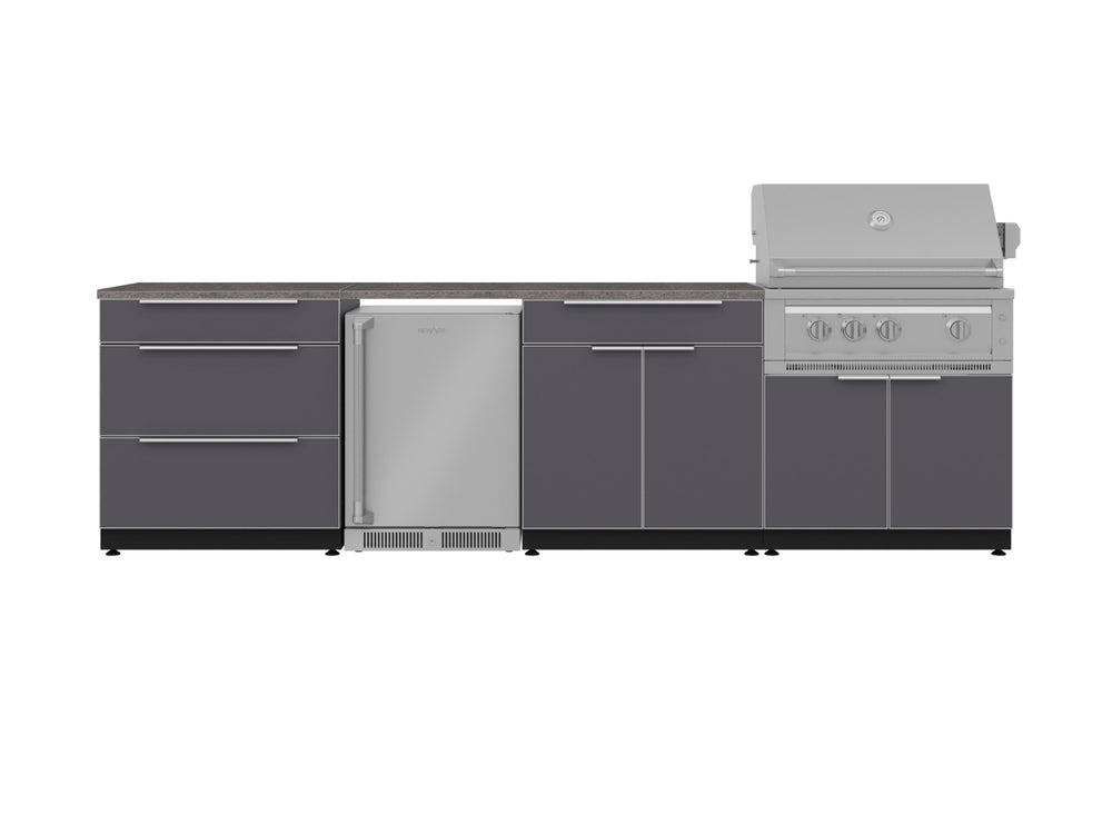 NewAge Outdoor Kitchens Aluminum 7-Piece Cabinet Set with 3-Drawer, Bar, Grill Cabinet, Platinum Grill, Countertops and Fridge-71907-Garage Giant