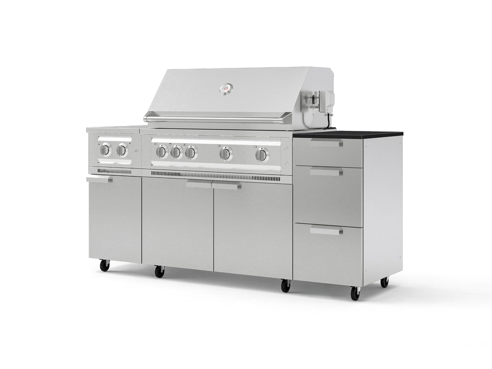 NewAge Outdoor Kitchens Outdoor Grill Island Stainless-Steel 6-Piece Cabinet Set with Casters and 3-Drawer, Grill Cabinet, Platinum Grill, Dual Side Burner and Dekton in Sirius Countertop - (Liquid Propane) | Garage Giant