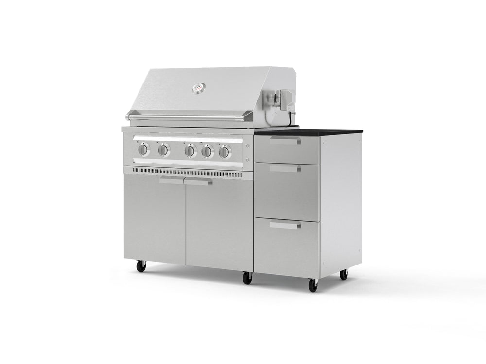 NewAge Outdoor Kitchens Outdoor Grill Island Stainless-Steel 4-Piece Cabinet Set with Casters and 3-Drawer, Grill Cabinet, Platinum Grill and Dekton in Sirius Countertop - (Liquid Propane) | Garage Giant