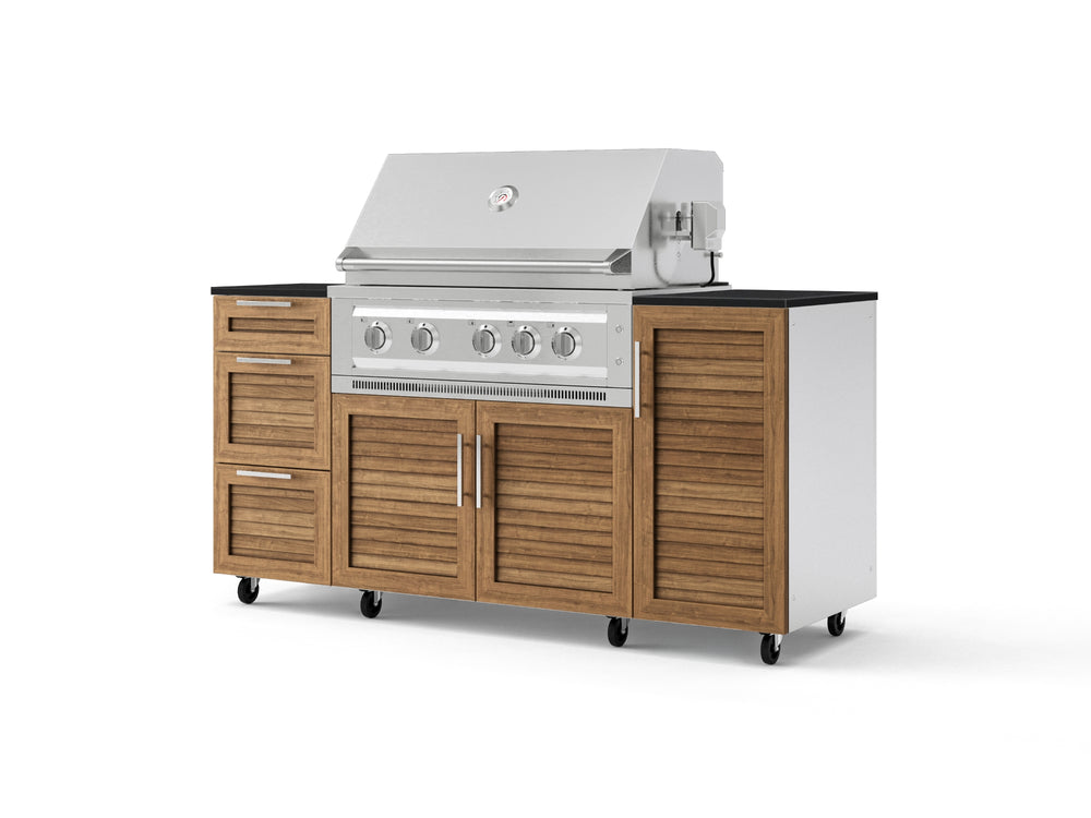 NewAge Outdoor Kitchens Outdoor Grill Island Stainless-Steel Louvered Doors 6-Piece Cabinet Set with Casters 1 Door, 3 Drawer, Grill Cabinet, Platinum Grill and Dekton in Sirius Countertops - (Liquid Propane) | Garage Giant