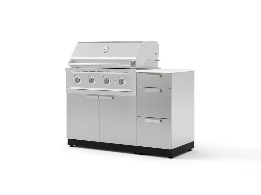 NewAge Outdoor Kitchens Outdoor Grill Island Stainless-Steel 4-Piece Cabinet Set with 3-Drawer, Grill Cabinet, Performance Grill and Dekton in Aeris Countertop - (Natural Gas) | Garage Giant