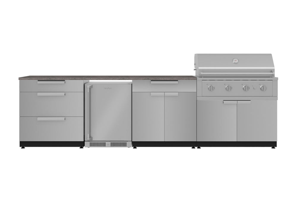 NewAge Outdoor Kitchens Stainless Steel 7-Piece Cabinet Set with 3-Drawer, Bar, Grill Cabinet, Performance Grill, Countertop, and Fridge-71924-Garage Giant
