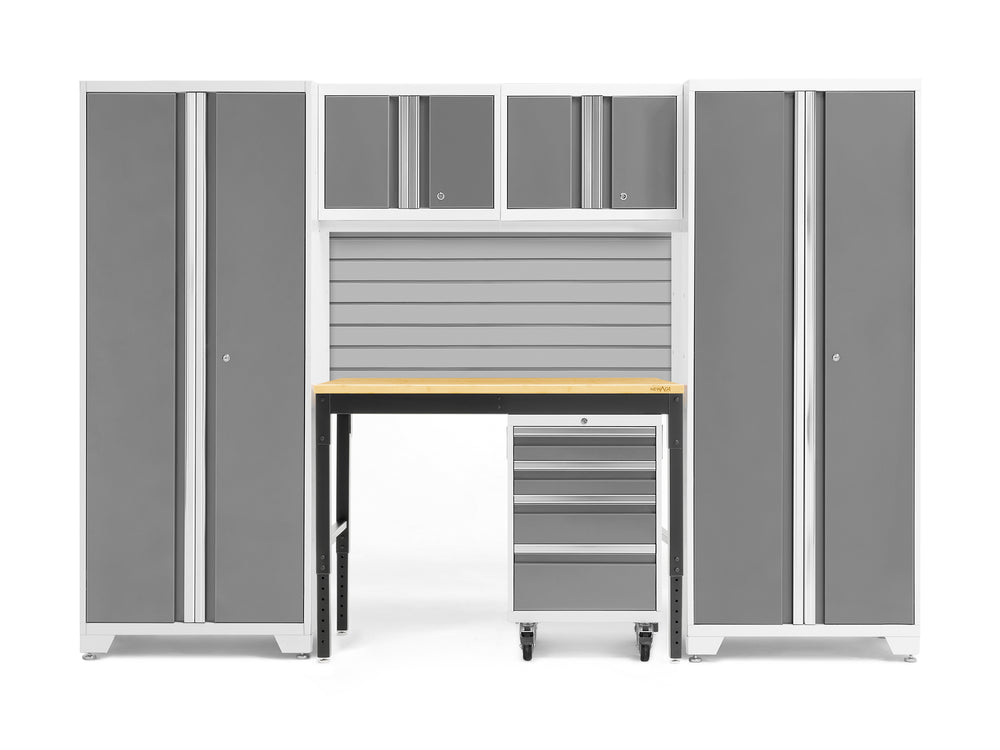 NewAge Garage Cabinets Bold Series 6-Piece Cabinet Set with Locker, RTA Locker, Tool, Wall Cabinets, Slatwall Backsplash, Workbench and Worktop-63028-Garage Giant