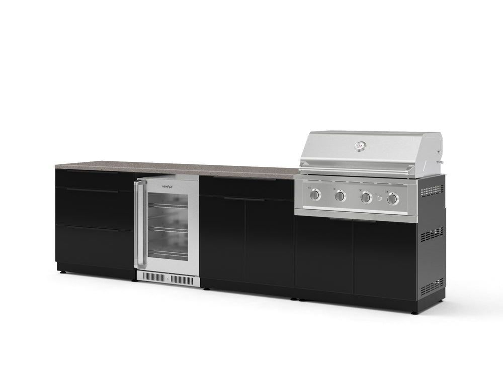 NewAge Outdoor Kitchens Aluminum 7-Piece Cabinet Set with 3-Drawer, Bar, Grill Cabinet, Performance Grill, Countertops and Glass Door Fridge-73654-Garage Giant