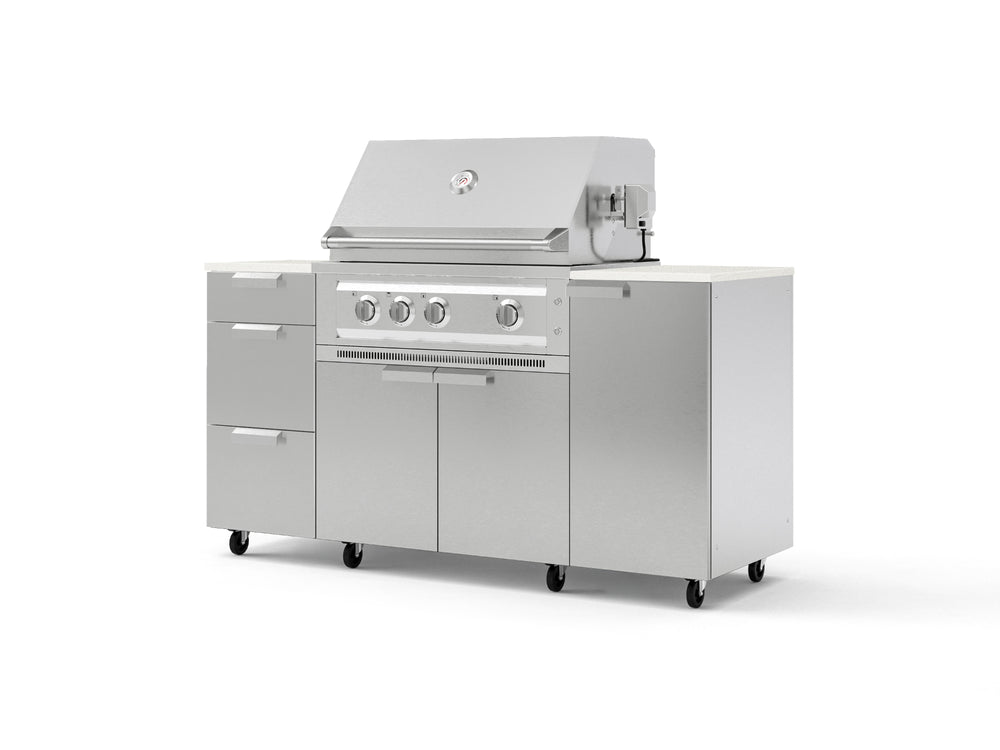 NewAge Outdoor Kitchens Outdoor Grill Island Stainless-Steel 6-Piece Cabinet Set with Casters 1 Door, 3 Drawer, Grill Cabinet, Platinum Grill and Dekton in Aeris Countertops - (Liquid Propane) | Garage Giant
