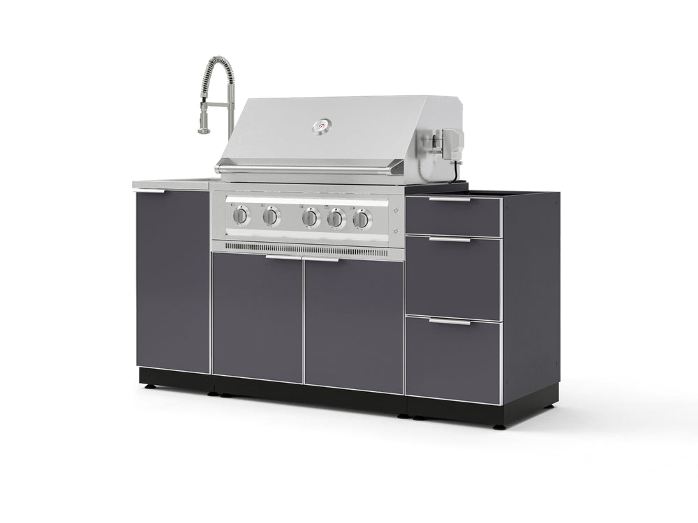 NewAge Outdoor Kitchens Outdoor Grill Island Aluminum 5-Piece Cabinet Set with Sink, 3 Drawer, Grill Cabinet, Platinum Grill and Stainless Steel Countertop - (Natural Gas) | Garage Giant