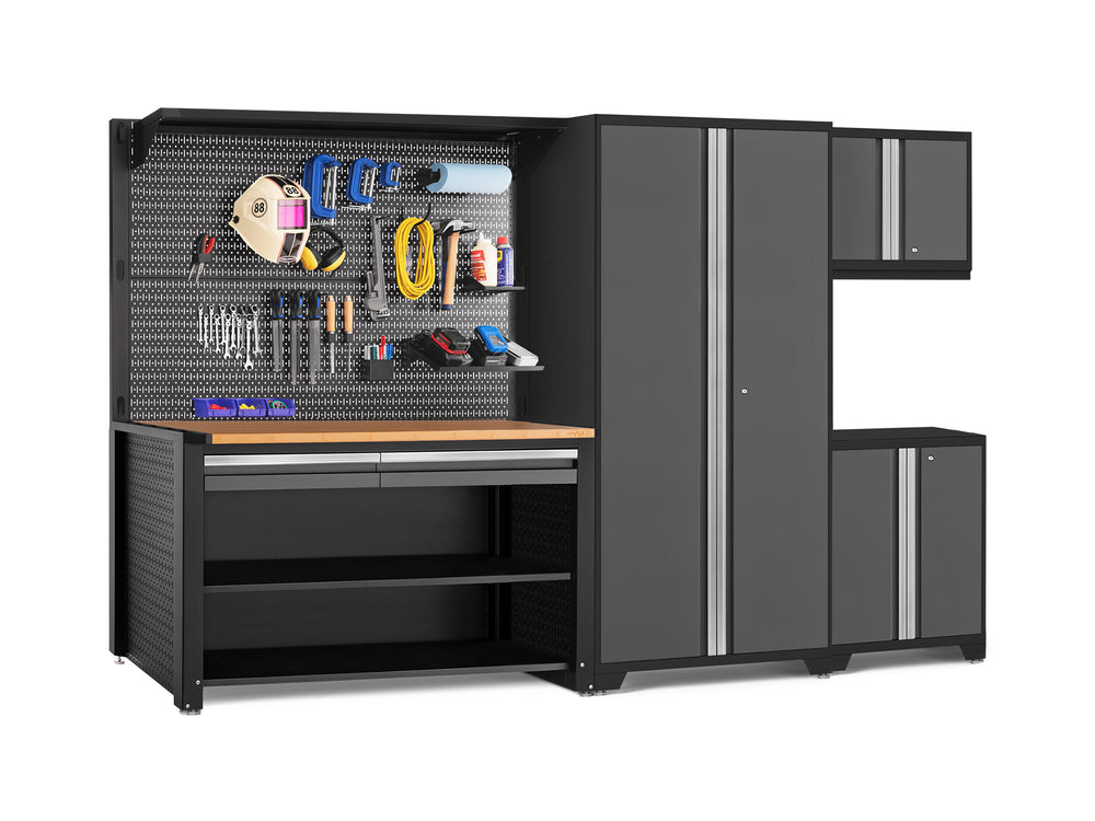 NewAge Garage Cabinets Pro Series 5-Piece Cabinet Set with Base, Wall Cabinet, Locker, 62 in. Workstation, and Pegboard Accessories Kit-32632-Garage Giant