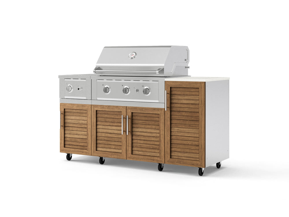NewAge Outdoor Kitchens Outdoor Grill Island Stainless-Steel Louvered Doors 6-Piece Cabinet Set with Casters and 1-Door, Grill Cabinet, Performance Grill, Side Burner and Dekton in Aeris Countertop - (Liquid Propane) | Garage Giant