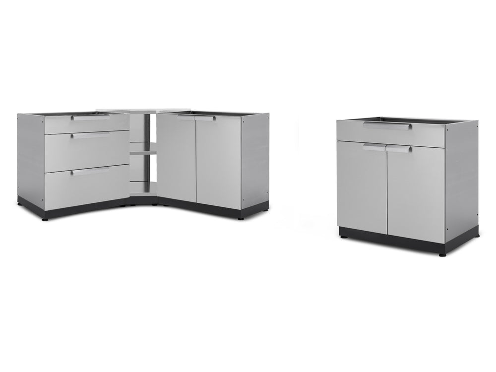NewAge Outdoor Kitchens Stainless Steel 4-Piece Cabinet Set with 3-Drawer, 2-Door, Corner Shelf and 2-Door Drawer Cabinet-66749-Garage Giant