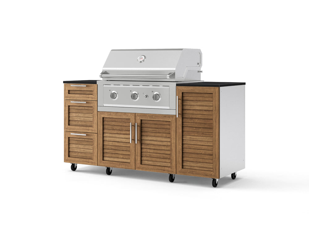 NewAge Outdoor Kitchens Outdoor Grill Island Stainless-Steel Louvered Doors 6-Piece Cabinet Set with Casters 1 Door, 3 Drawer, Grill Cabinet, Performance Grill and Dekton in Sirius Countertops - (Liquid Propane) | Garage Giant