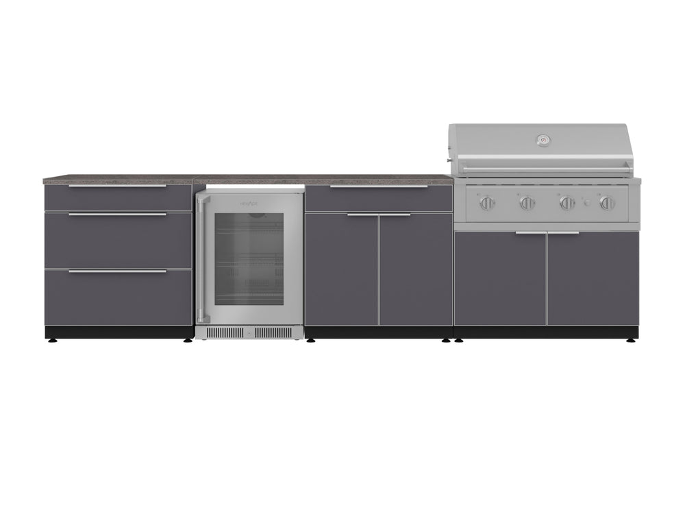 NewAge Outdoor Kitchens Aluminum 7-Piece Cabinet Set with 3-Drawer, Bar, Grill Cabinet, Performance Grill, Countertops and Fridge-71915-Garage Giant