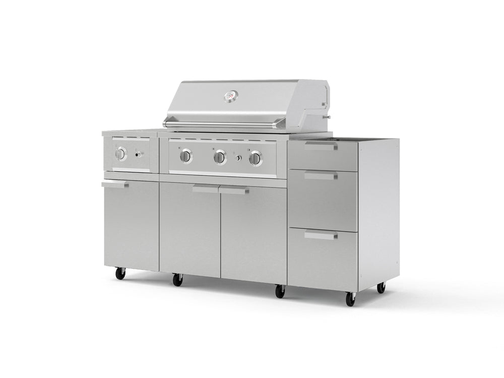 NewAge Outdoor Kitchens Outdoor Grill Island Stainless-Steel 5-Piece Cabinet Set with Casters and 3-Drawer, Grill Cabinet, Side Burner and Performance Grill - (Liquid Propane) | Garage Giant