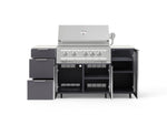 NewAge Outdoor Kitchens Outdoor Grill Island Aluminum 6-Piece Cabinet Set with Casters 1 Door, 3 Drawer, Grill Cabinet, Platinum Grill and Dekton in Aeris Countertops - (Liquid Propane) 