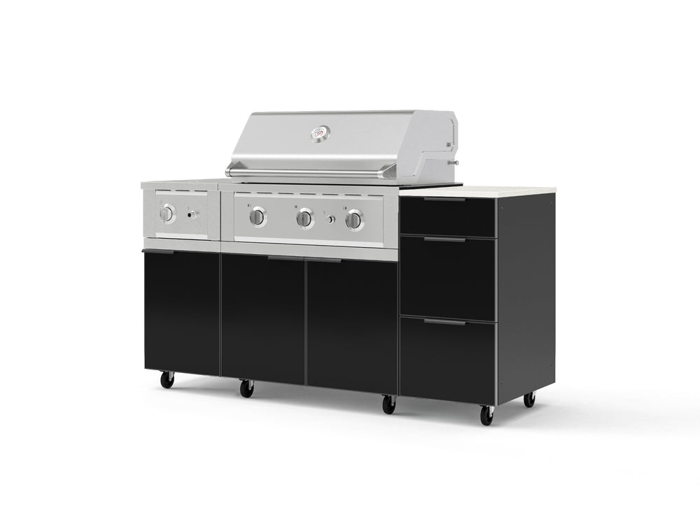 NewAge Outdoor Kitchens Outdoor Grill Island Aluminum 6-Piece Cabinet Set with Casters and 3-Drawer, Grill Cabinet, Performance Grill, Side Burner and Dekton in Aeris Countertop - (Liquid Propane) | Garage Giant