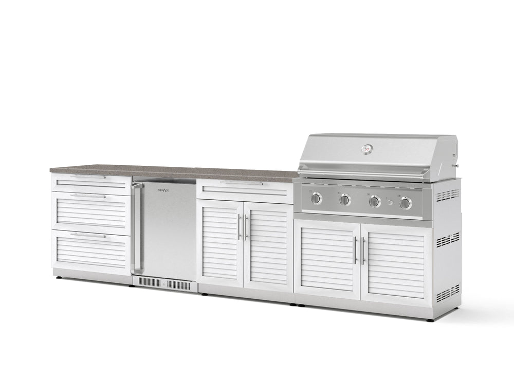 NewAge Outdoor Kitchens Stainless Steel 7-Piece Cabinet Set with 3-Drawer, Bar, Grill Cabinet, Performance Grill, Countertops, and Stainless Steel Door Fridge-73691-Garage Giant