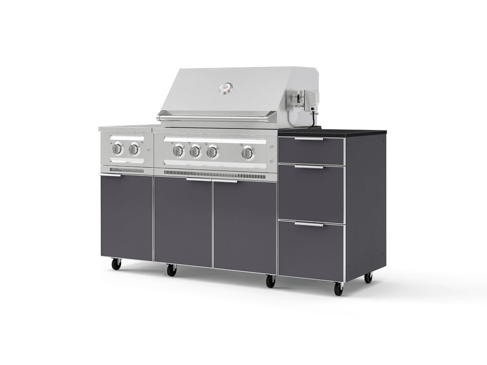 NewAge Outdoor Kitchens Outdoor Grill Island Aluminum 6-Piece Cabinet Set with Casters and 3-Drawer, Grill Cabinet, Platinum Grill, Dual Side Burner and Dekton in Sirius Countertop - (Liquid Propane) | Garage Giant