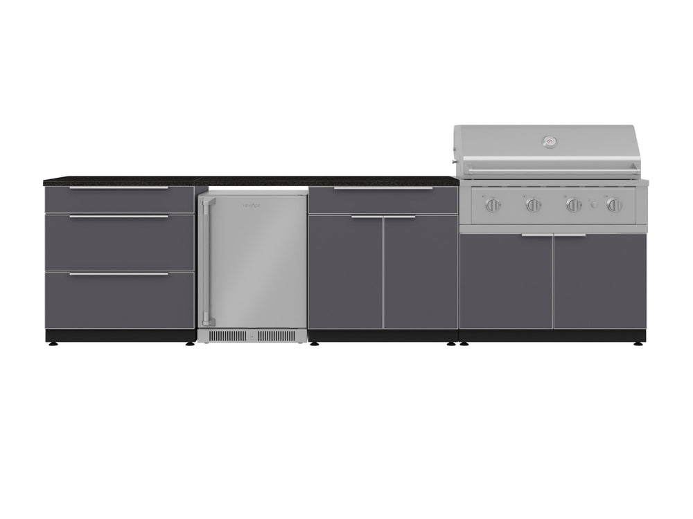 NewAge Outdoor Kitchens Aluminum 7-Piece Cabinet Set with 3-Drawer, Bar, Grill Cabinet, Performance Grill, Countertops and Fridge-71828-Garage Giant
