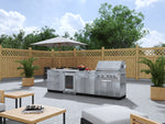 NewAge Outdoor Kitchens Stainless Steel 7-Piece Cabinet Set with 3-Drawer, Bar, Grill Cabinet, Platinum Grill, Countertops and Fridge-66592-Garage Giant 