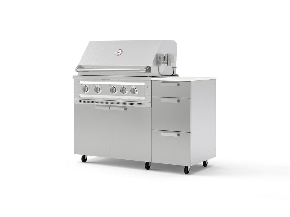 NewAge Outdoor Kitchens Outdoor Grill Island Stainless-Steel 4-Piece Cabinet Set with Casters and 3-Drawer, Grill Cabinet, Platinum Grill and Dekton in Aeris Countertop - (Liquid Propane) | Garage Giant
