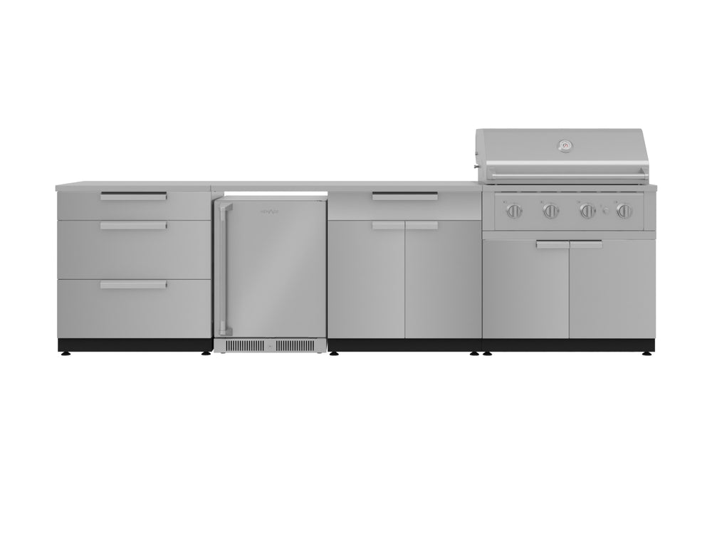 NewAge Outdoor Kitchens Stainless Steel 7-Piece Cabinet Set with 3-Drawer, Bar, Grill Cabinet, Performance Grill, Countertops and Fridge-66568-Garage Giant