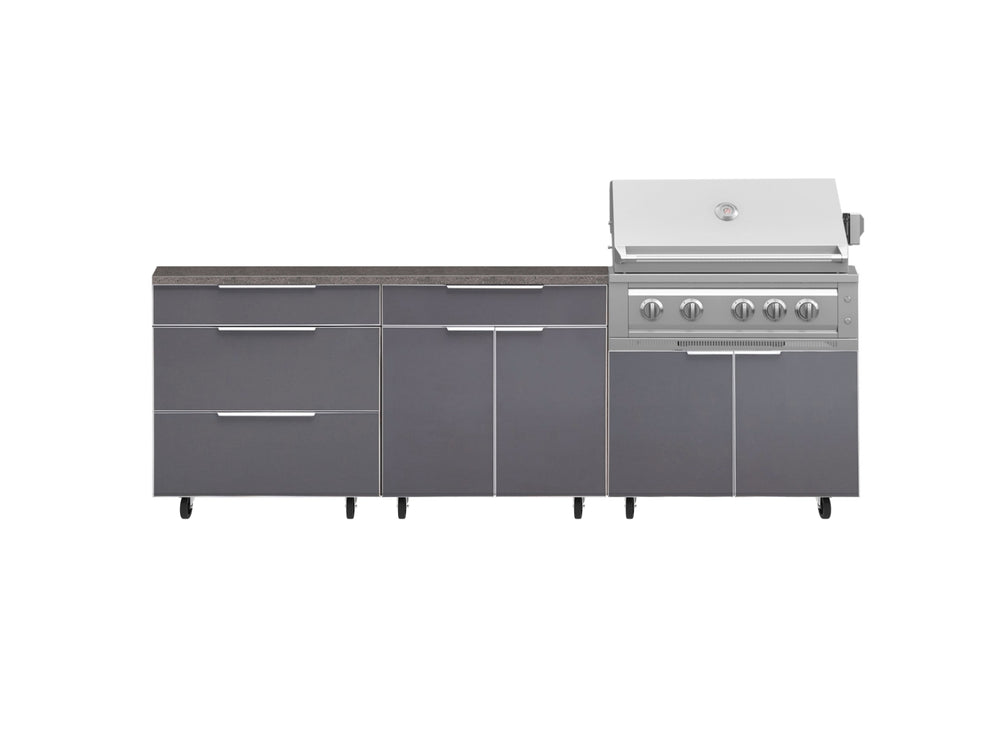NewAge Outdoor Kitchens Aluminum 5-Piece Cabinet Set With Casters and 3 Drawer, Bar, Grill Cabinet, Platinum Grill, Countertop-72610-Garage Giant