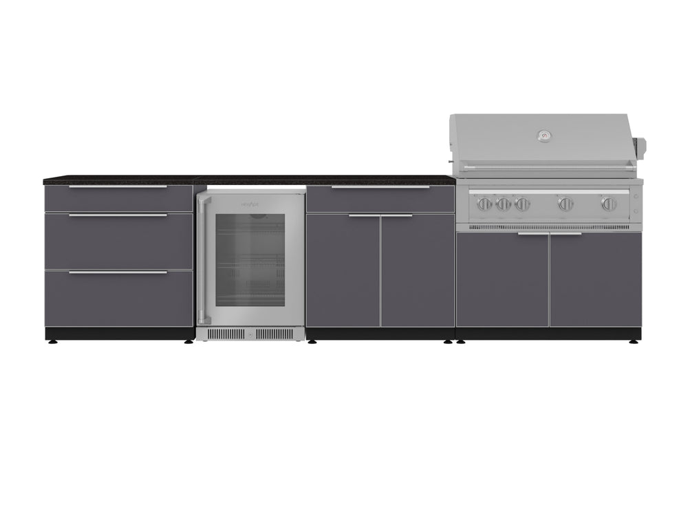 NewAge Outdoor Kitchens Aluminum 7-Piece Cabinet Set with 3-Drawer, Bar, Grill Cabinet, Platinum Grill, Countertops and Fridge-71849-Garage Giant