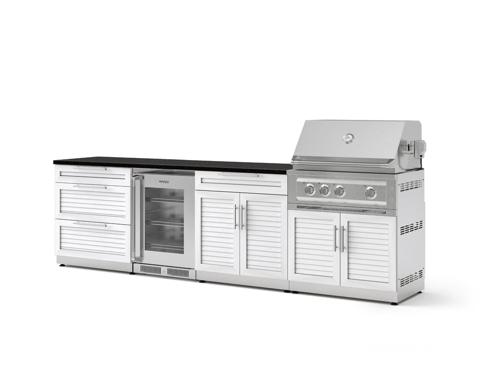 NewAge Outdoor Kitchens Stainless Steel 7-Piece Cabinet Set with 3-Drawer, Bar, Grill Cabinet, Platinum Grill, Countertop, and Glass Door Fridge-73635-Garage Giant
