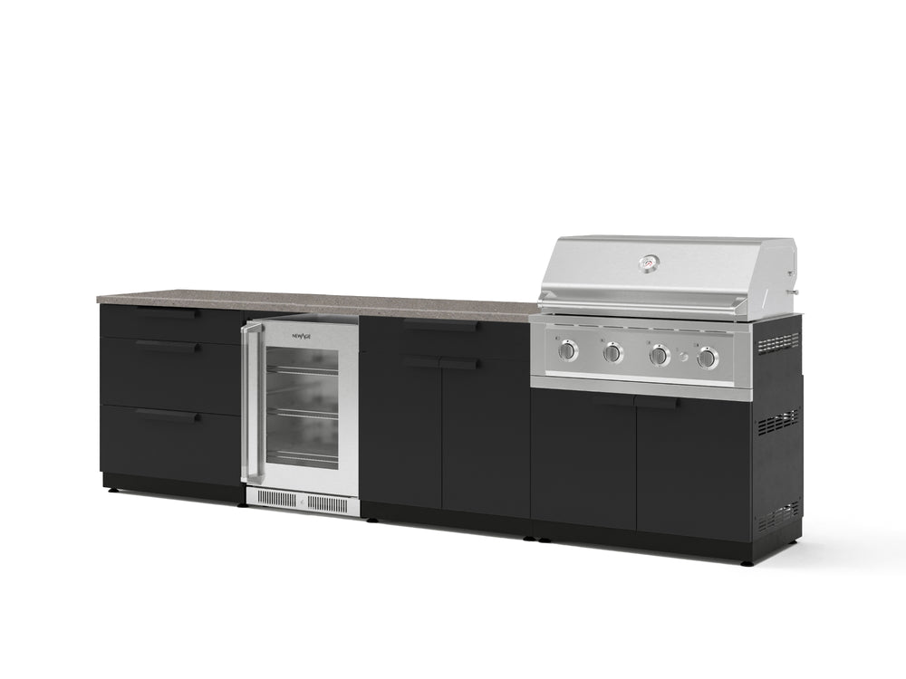 NewAge Outdoor Kitchens Stainless Steel 7-Piece Cabinet Set with 3-Drawer, Bar, Grill Cabinet, Performance Grill, Countertops, and Glass Door Fridge-73675-Garage Giant