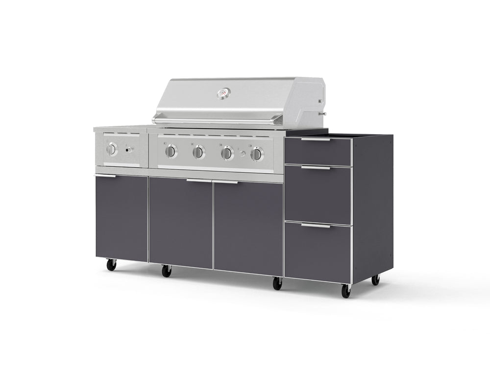 NewAge Outdoor Kitchens Outdoor Grill Island Aluminum 5-Piece Cabinet Set with Casters and 3-Drawer, Grill Cabinet, Side Burner and Performance Grill - (Liquid Propane) | Garage Giant
