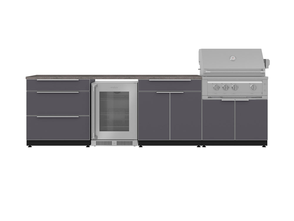 NewAge Outdoor Kitchens Aluminum 7-Piece Cabinet Set with 3-Drawer, Bar, Grill Cabinet, Platinum Grill, Countertops and Fridge-71916-Garage Giant