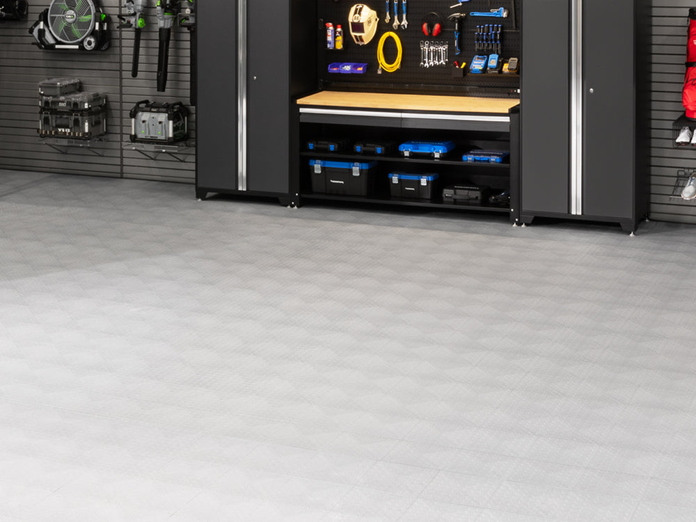 NewAge Garage Flooring Diamond Pattern Polypropylene Garage Flooring Tiles 400 sq. ft. Flooring Bundle - Platinum | 12563
