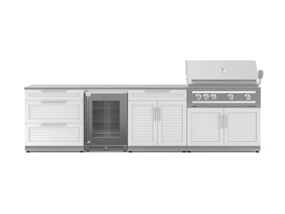 NewAge Outdoor Kitchens Stainless Steel 7-Piece Cabinet Set with 3-Drawer, Bar, Grill Cabinet, Platinum Grill, Countertop, and Glass Door Fridge-71439-Garage Giant