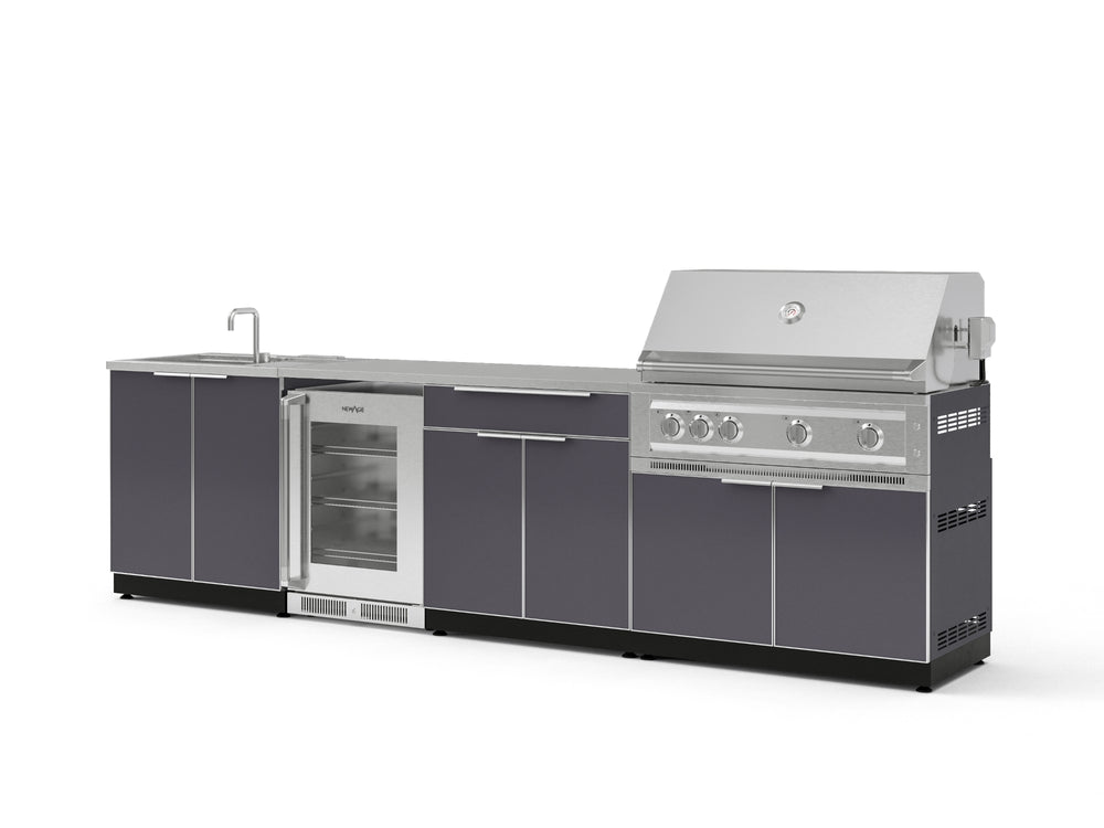 NewAge Outdoor Kitchens Aluminum 6-Piece Cabinet Set with Sink, Bar, Grill Cabinet, Platinum Grill, Countertop and Fridge-66336-Garage Giant