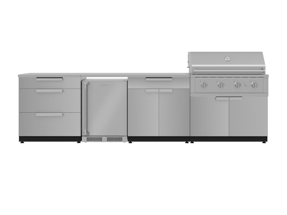 NewAge Outdoor Kitchens Stainless Steel 7-Piece Cabinet Set with 3-Drawer, Bar, Grill Cabinet, Performance Grill, Countertops and Fridge-66569-Garage Giant