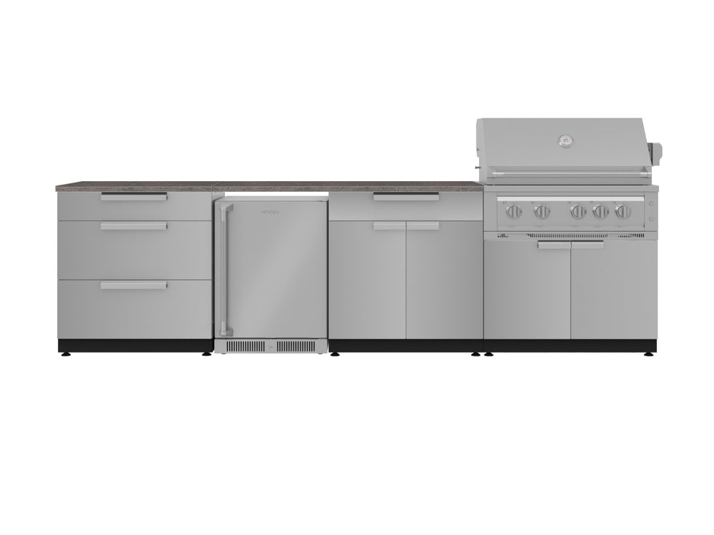 NewAge Outdoor Kitchens Stainless Steel 7-Piece Cabinet Set with 3-Drawer, Bar, Grill Cabinet, Platinum Grill, Countertop, and Fridge-71929-Garage Giant
