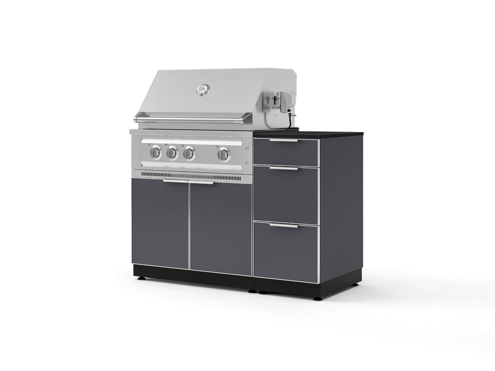 NewAge Outdoor Kitchens Outdoor Grill Island Aluminum 4-Piece Cabinet Set with 3-Drawer, Grill Cabinet, Platinum Grill and Dekton in Sirius Countertop - (Liquid Propane) | Garage Giant
