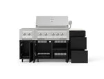 NewAge Outdoor Kitchens Outdoor Grill Island Stainless-Steel 6-Piece Cabinet Set with Casters and 3-Drawer, Grill Cabinet, Platinum Grill, Dual Side Burner and Dekton in Aeris Countertop - (Liquid Propane) 