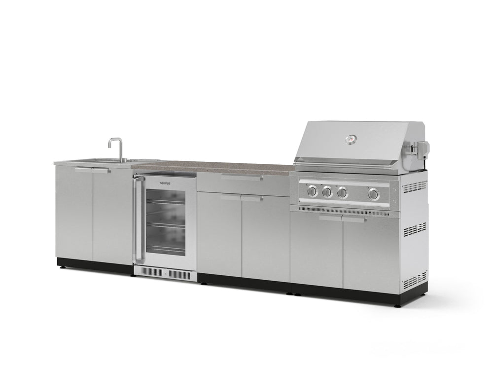 NewAge Outdoor Kitchens Stainless Steel 6-Piece Cabinet Set with Sink, Bar, Grill Cabinet, Platinum Grill, Countertop and Fridge-72084-Garage Giant