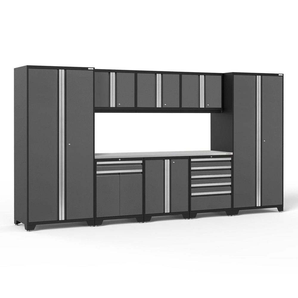 Newage Products Pro 3.0 Series 9-Piece Garage Cabinet Set With Multi-Function Cabinet-51923-Grey-Stainless Steel Worktop-LED Lights-Garage Giant