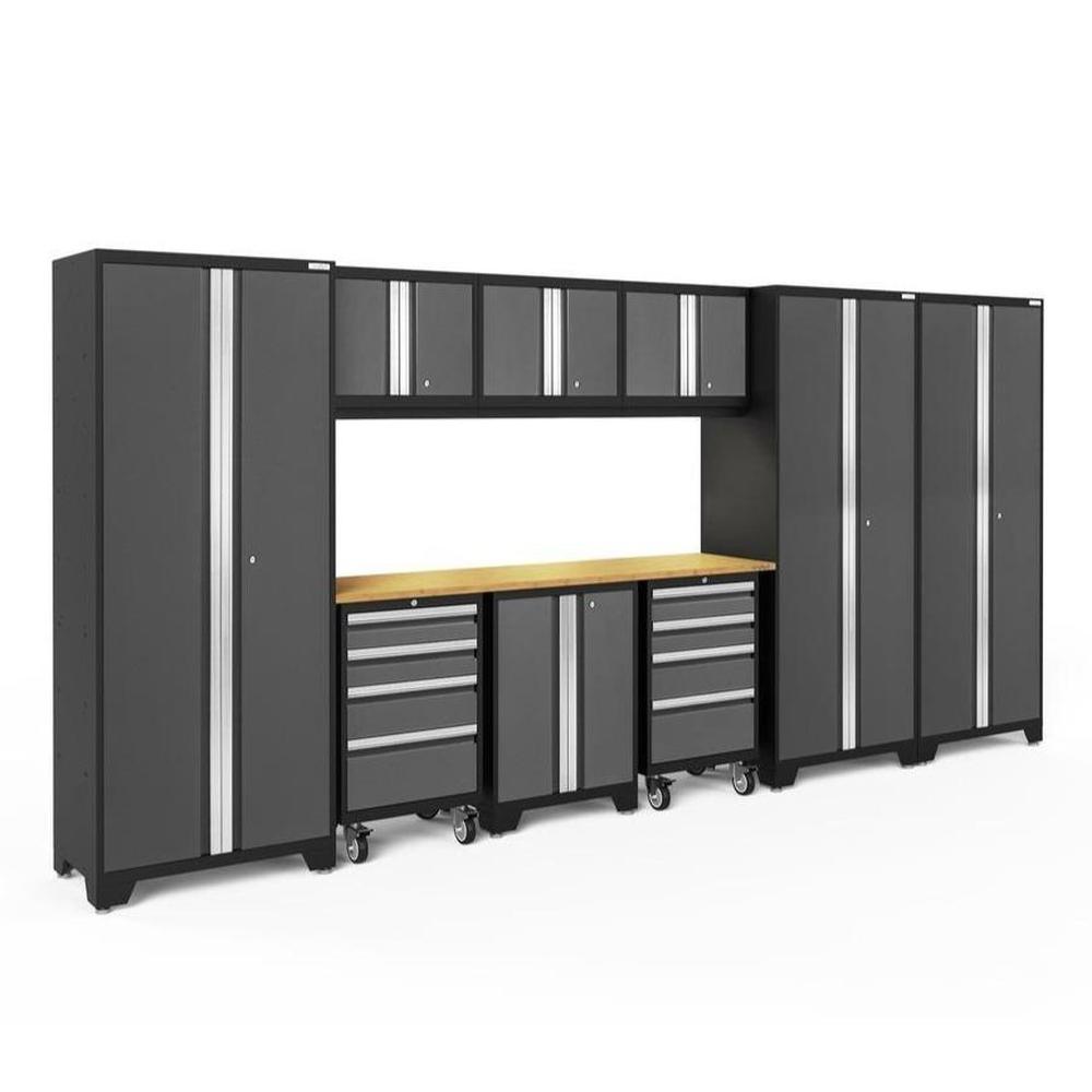 Newage Products Bold 3.0 Series 10-Piece Garage Cabinet Set-50434-Grey-Bamboo Worktop-LED Lights-Garage Giant