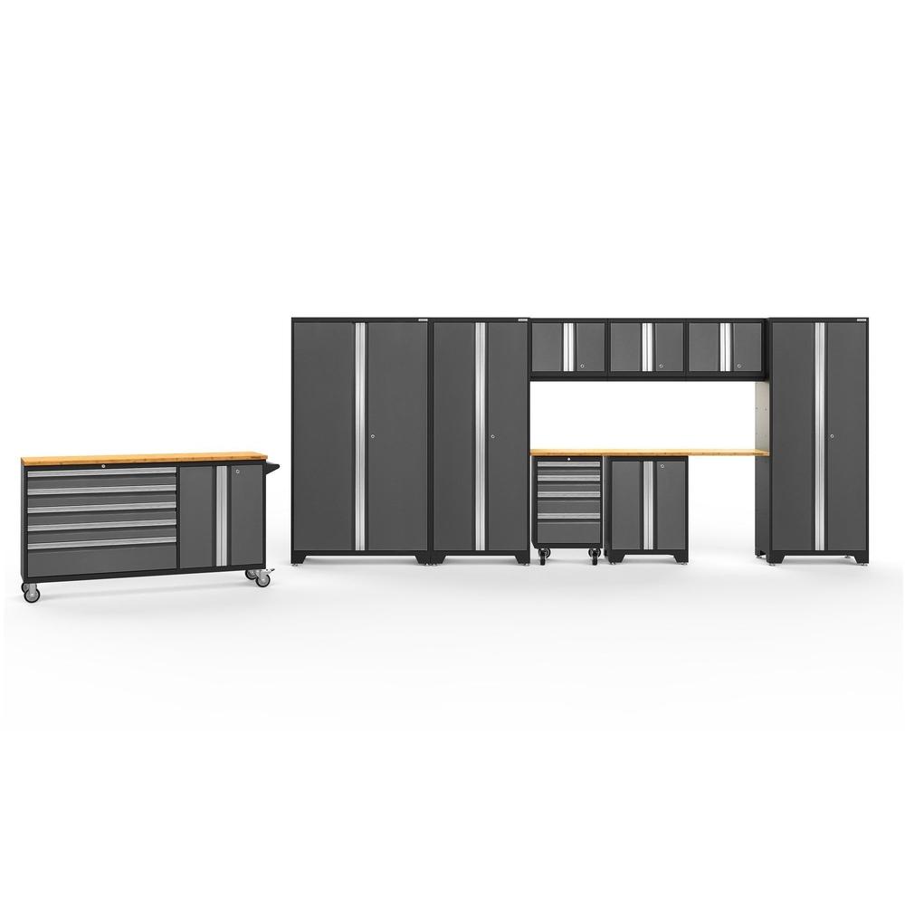 Newage Products Bold 3.0 Series 10-Piece Garage Cabinet Set With Project Center-56120-Grey-Bamboo Worktop-LED Lights-Garage Giant