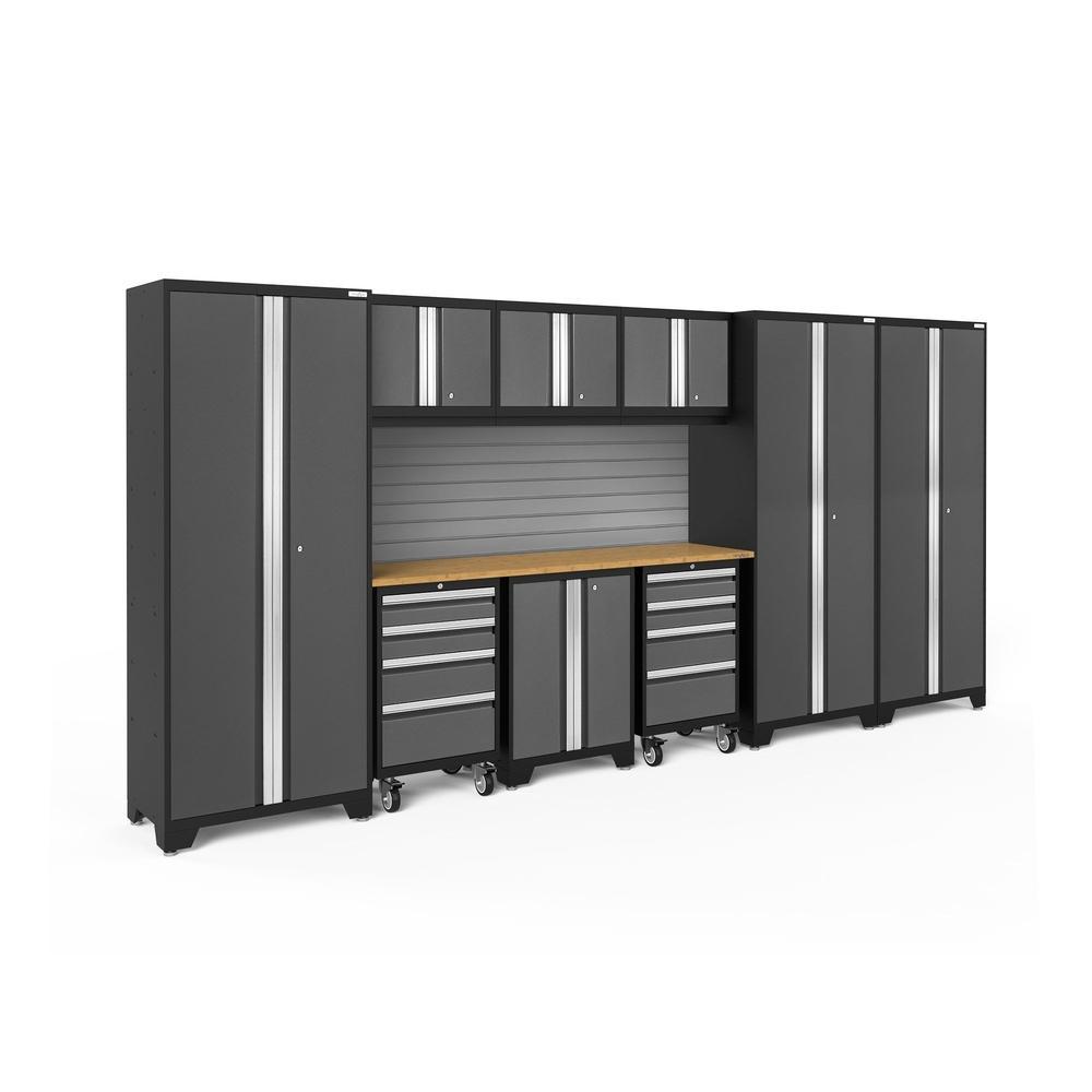 Newage Products Bold 3.0 Series 10-Piece Garage Cabinet Set-56029-Grey-Bamboo Worktop-Slatwall Backsplash-Garage Giant
