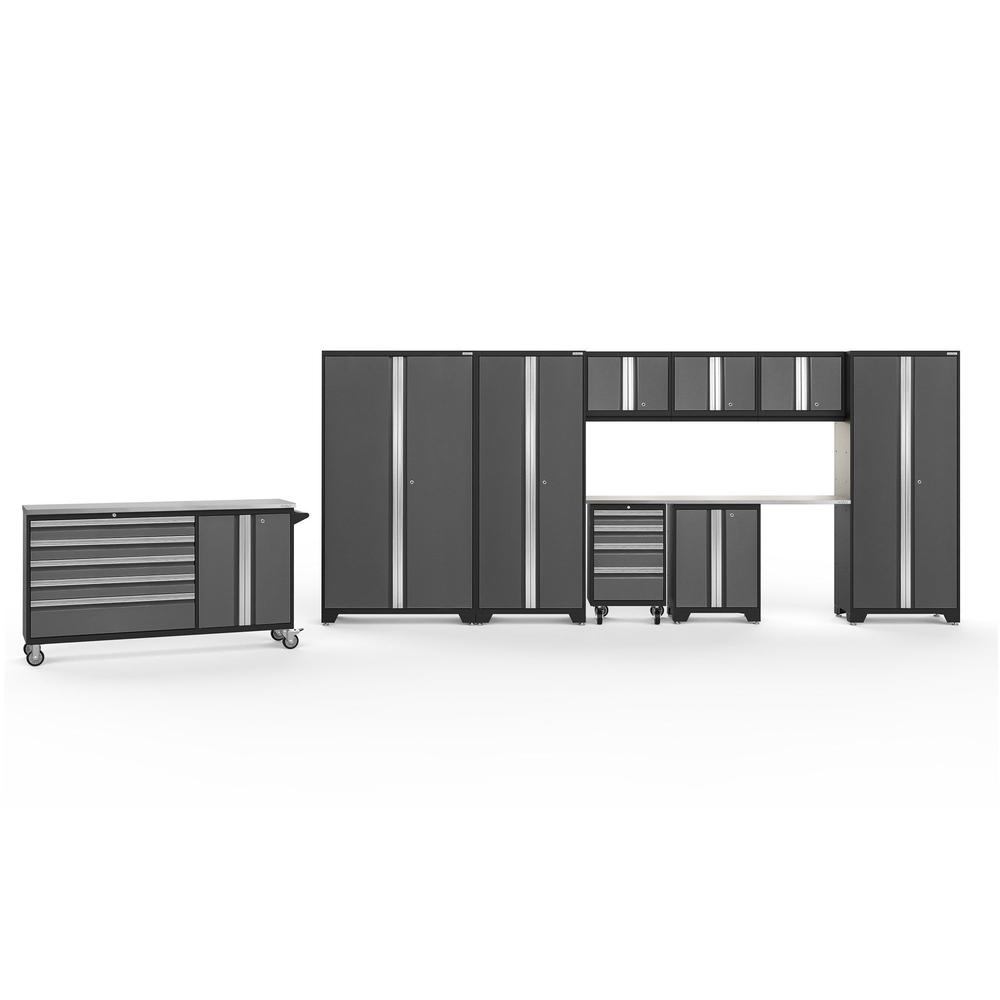 Newage Products Bold 3.0 Series 10-Piece Garage Cabinet Set With Project Center-56121-Grey-Stainless Steel Worktop-LED Lights-Garage Giant