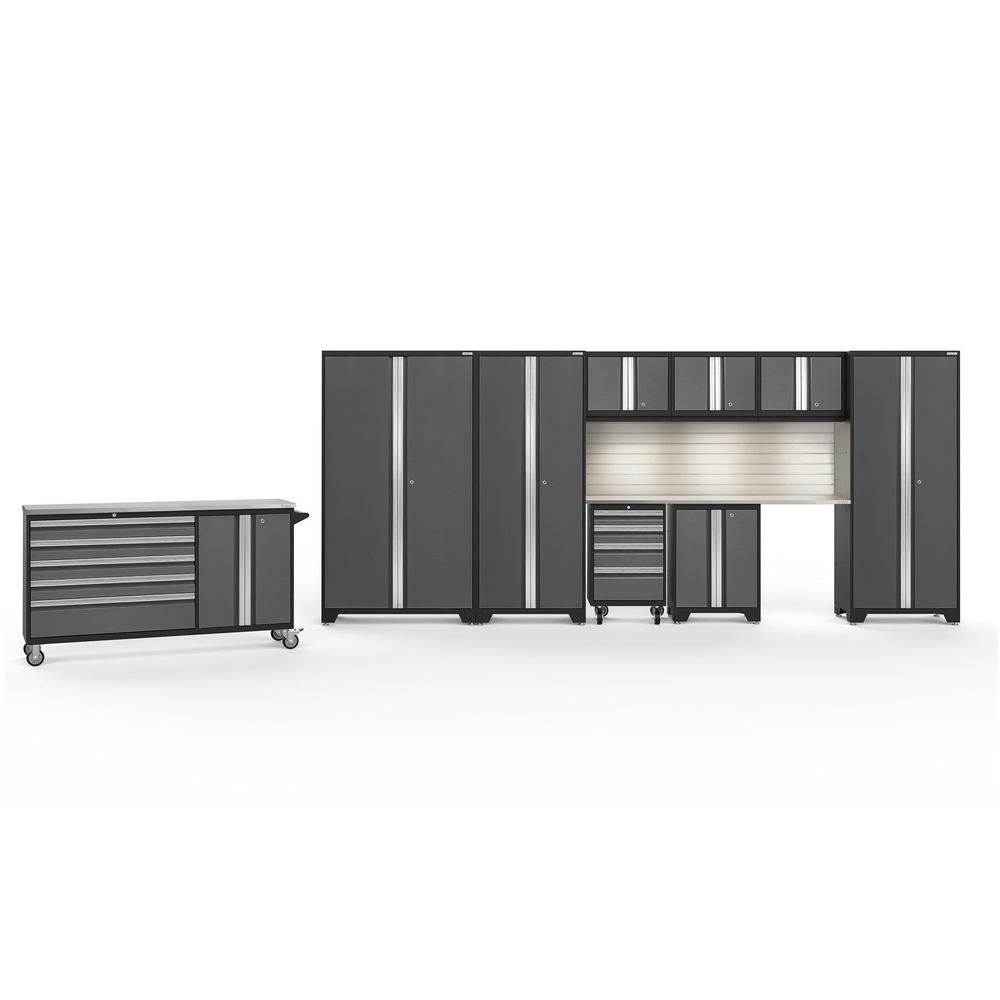 Newage Products Bold 3.0 Series 10-Piece Garage Cabinet Set With Project Center-56125-Grey-Stainless Steel Worktop-LED Lights + Slatwall Backsplash-Garage Giant