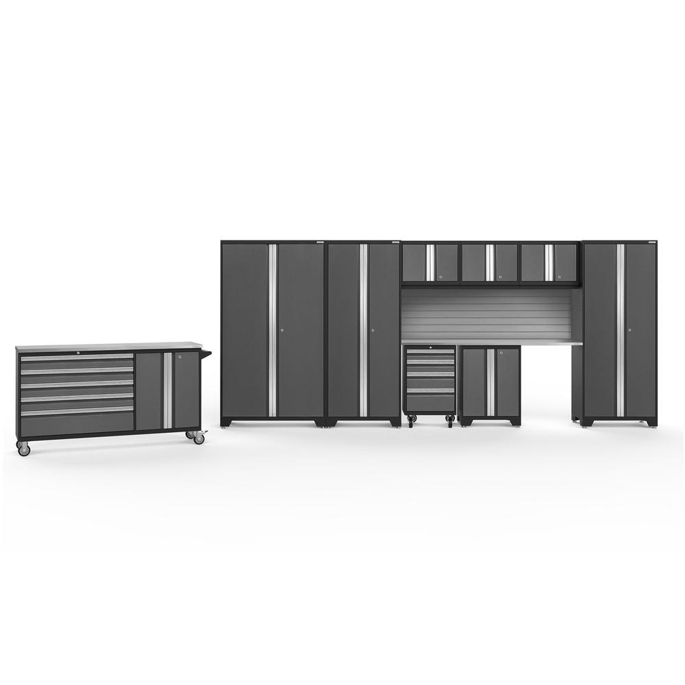 Newage Products Bold 3.0 Series 10-Piece Garage Cabinet Set With Project Center-56123-Grey-Stainless Steel Worktop-Slatwall Backsplash-Garage Giant