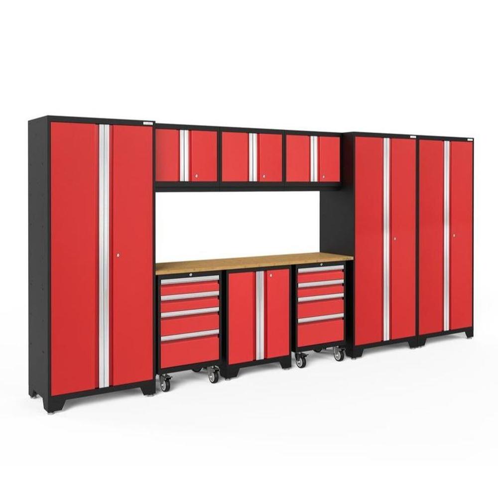Newage Products Bold 3.0 Series 10-Piece Garage Cabinet Set-50612-Red-Bamboo Worktop-None-Garage Giant
