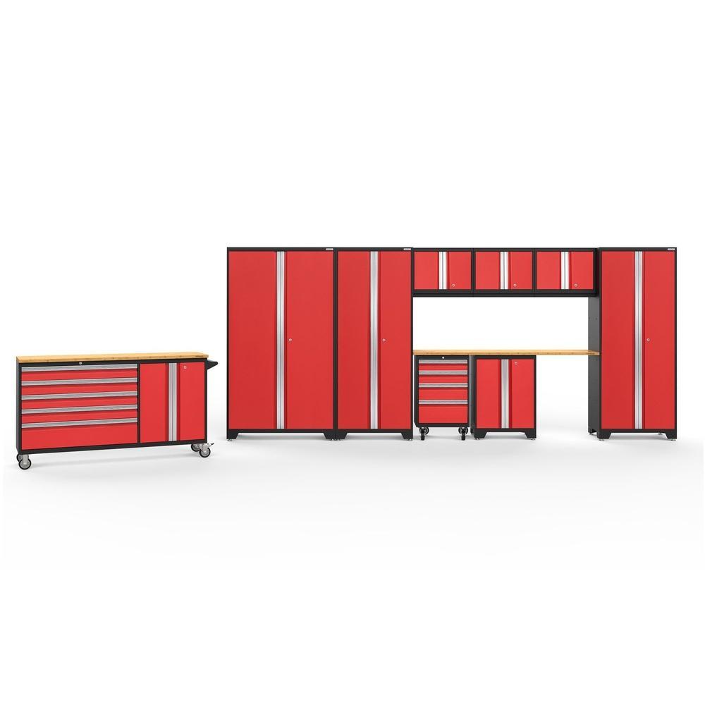 Newage Products Bold 3.0 Series 10-Piece Garage Cabinet Set With Project Center-56461-Red-Bamboo Worktop-None-Garage Giant